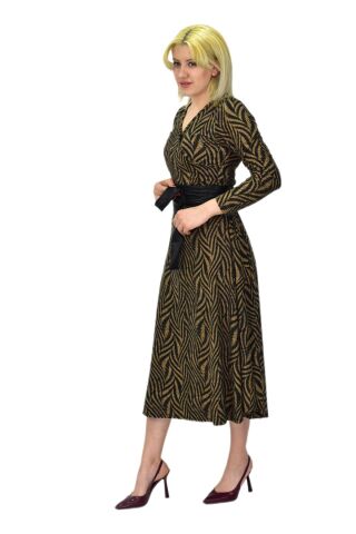 Kadın Viskon Zebra Desenli  V Yaka Elbise BGL-ST03535 CAMEL - 38