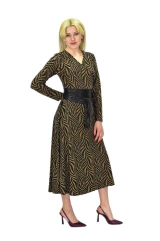 Kadın Viskon Zebra Desenli  V Yaka Elbise BGL-ST03535 CAMEL - 38