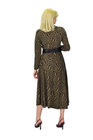 Kadın Viskon Zebra Desenli  V Yaka Elbise BGL-ST03535 CAMEL - 38