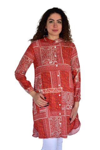Kadın Uzun Pano Baskılı Desen Viscon Bluz BGL-ST04295
