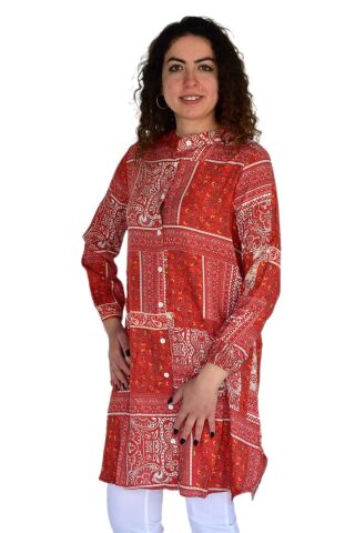 Kadın Uzun Pano Baskılı Desen Viscon Bluz BGL-ST04295