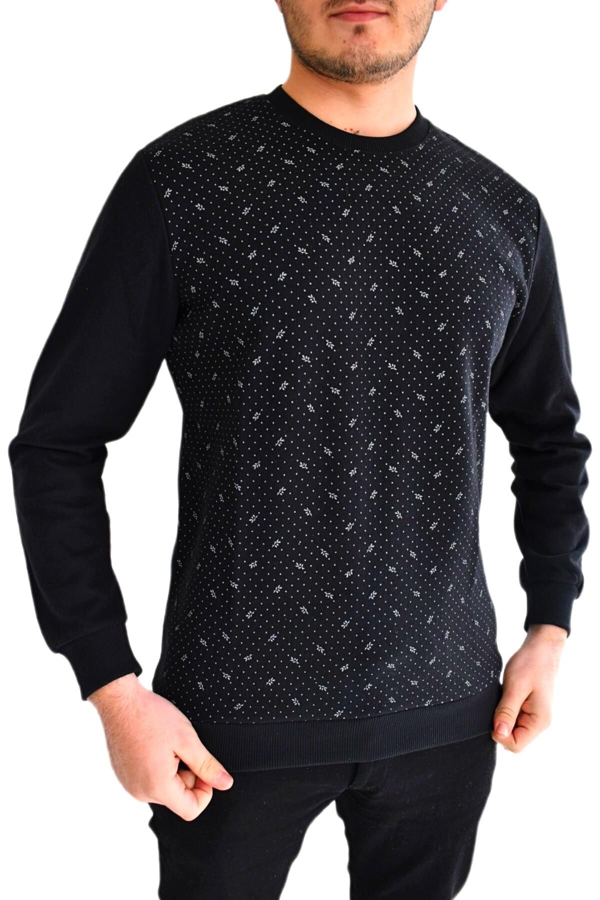 Erkek Sıfır Yaka Sweat Yaprak Desenli BGL-ST01705 SİYAH - 2XL