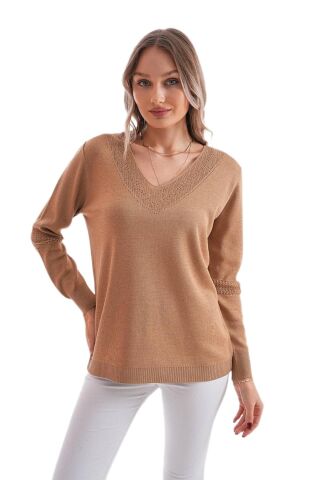 Kadın V Yaka Simli Kol Detaylı Kazak 12787 BGL-ST04108 FUŞYA - M/L