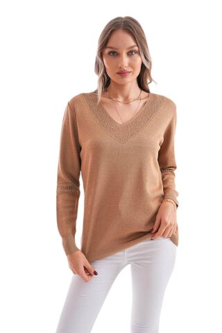Kadın V Yaka Simli Kol Detaylı Kazak 12787 BGL-ST04108 FUŞYA - M/L