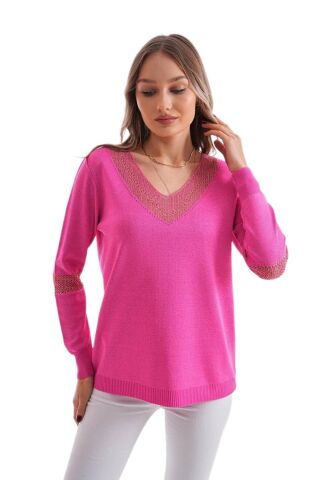 Kadın V Yaka Simli Kol Detaylı Kazak 12787 BGL-ST04108 FUŞYA - M/L