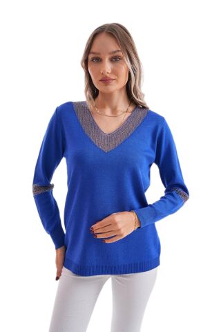 Kadın V Yaka Simli Kol Detaylı Kazak 12787 BGL-ST04108 FUŞYA - M/L