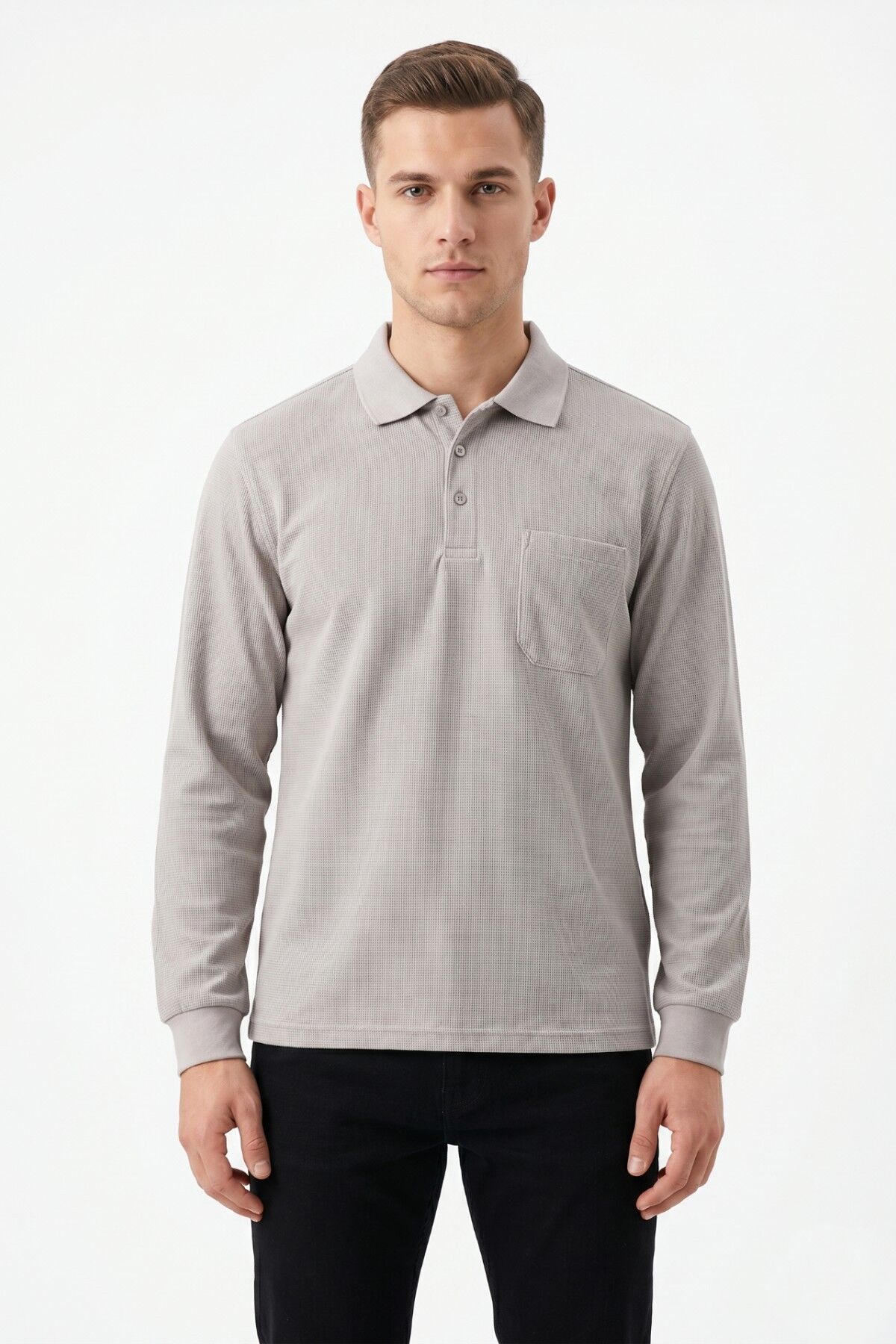 Erkek Mevsimlik Polo Yaka Cepli Sweatshirt BGL-ST05366 TAŞ - XL