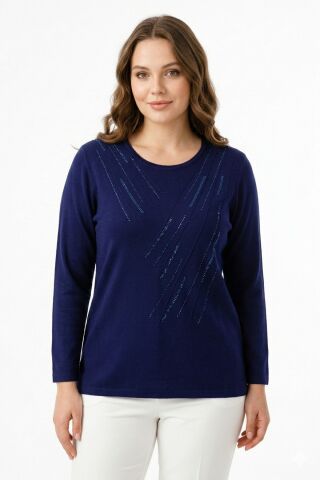 Kadın Taşlı Desen Çima Dikişli Mevsimlik Triko Bluz BGL-ST05290 LACİVERT - 3XL