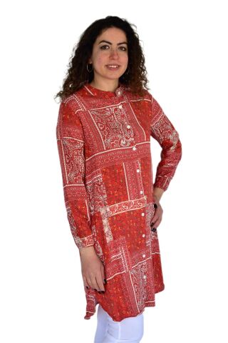 Kadın Uzun Pano Baskılı Desen Viscon Bluz BGL-ST04295 KİREMİT - M