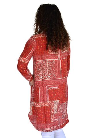 Kadın Uzun Pano Baskılı Desen Viscon Bluz BGL-ST04295 KİREMİT - M