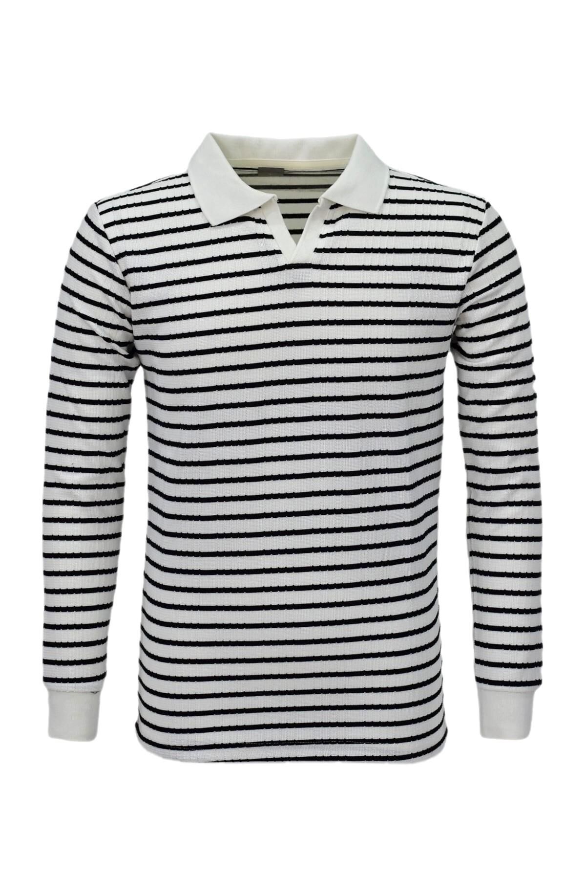 Erkek Spor Çizgili Mevsimlik Triko Polo Yaka Kazak BGL-ST03930 BEYAZ - S