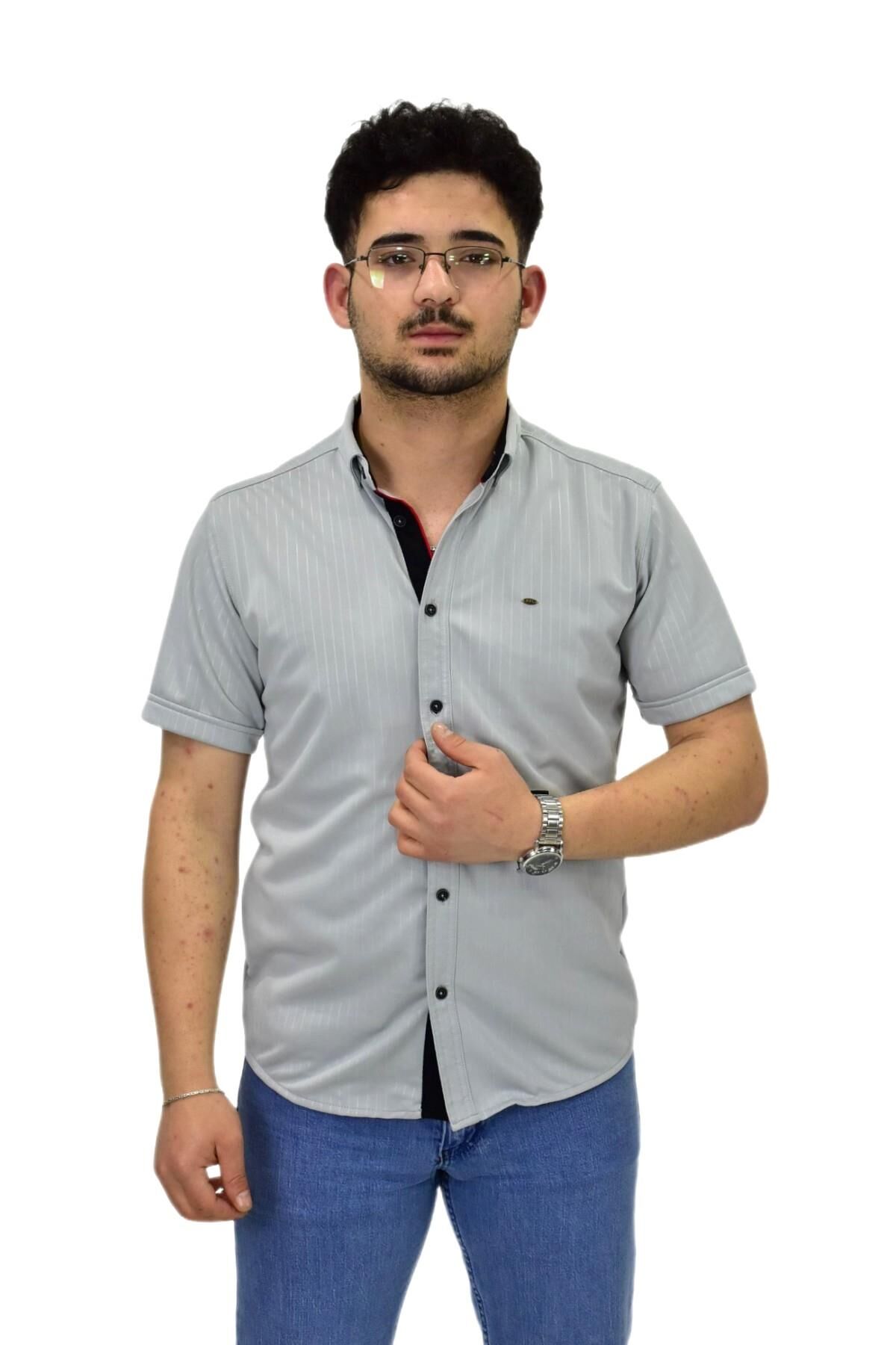 Erkek Spor Silim Fit Kısa Kol Gömlek BGL-ST04480 GRİ - M