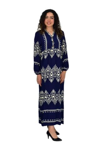 Kadın Kol Lastikli V Yaka Elbise BGL-ST04642 LACİVERT - 44