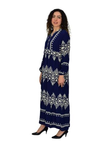 Kadın Kol Lastikli V Yaka Elbise BGL-ST04642 LACİVERT - 44