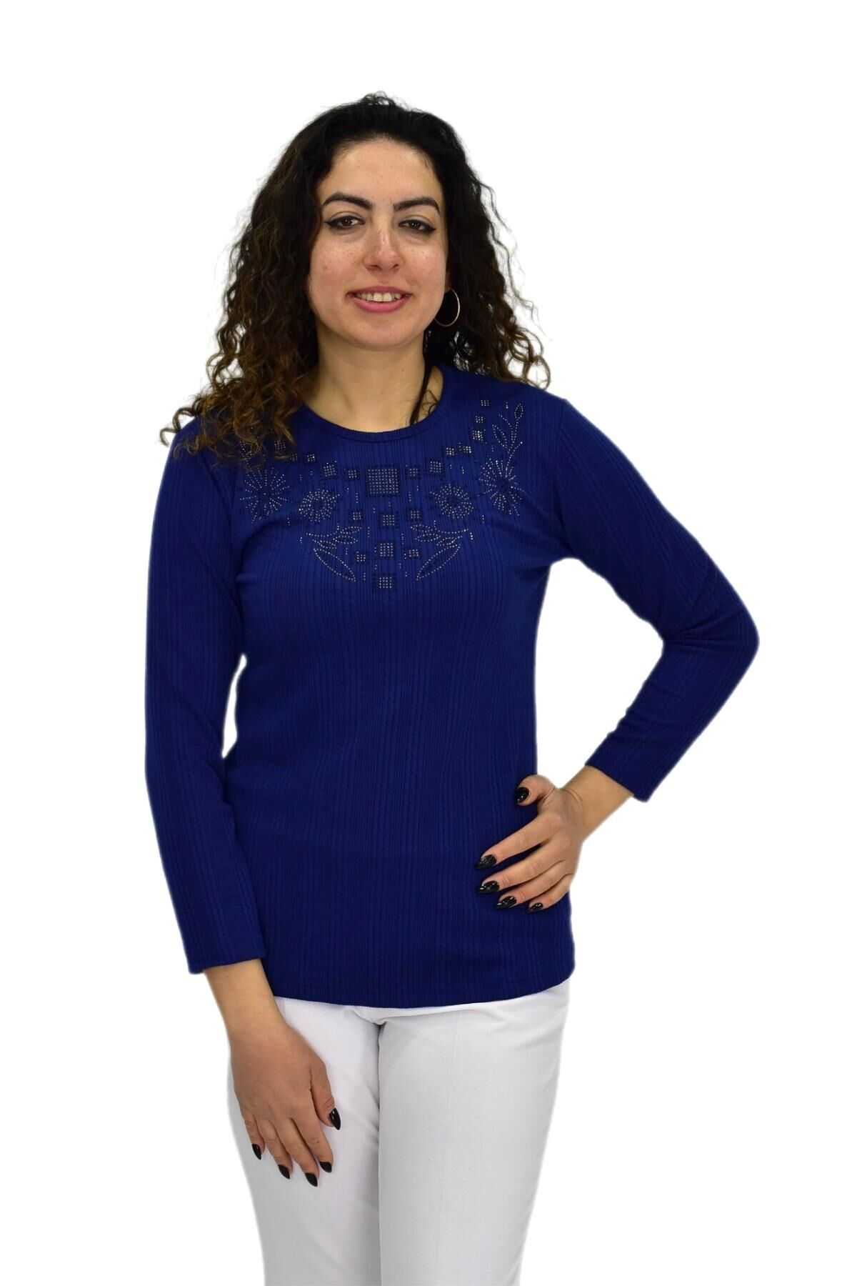 Kadın Taşlı Kaşkorse Bluz BGL-ST04136 İNDİGO - S/M