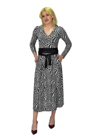 Kadın Viskon Zebra Desenli  V Yaka Elbise BGL-ST03535 SİYAH - 36