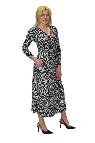 Kadın Viskon Zebra Desenli  V Yaka Elbise BGL-ST03535 SİYAH - 36
