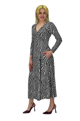 Kadın Viskon Zebra Desenli  V Yaka Elbise BGL-ST03535 SİYAH - 36