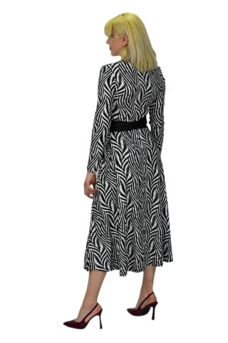 Kadın Viskon Zebra Desenli  V Yaka Elbise BGL-ST03535 SİYAH - 36