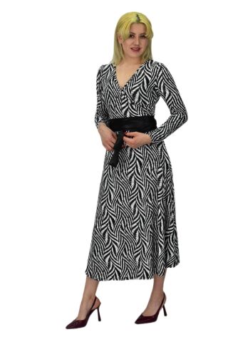 Kadın Viskon Zebra Desenli  V Yaka Elbise BGL-ST03535 SİYAH - 36