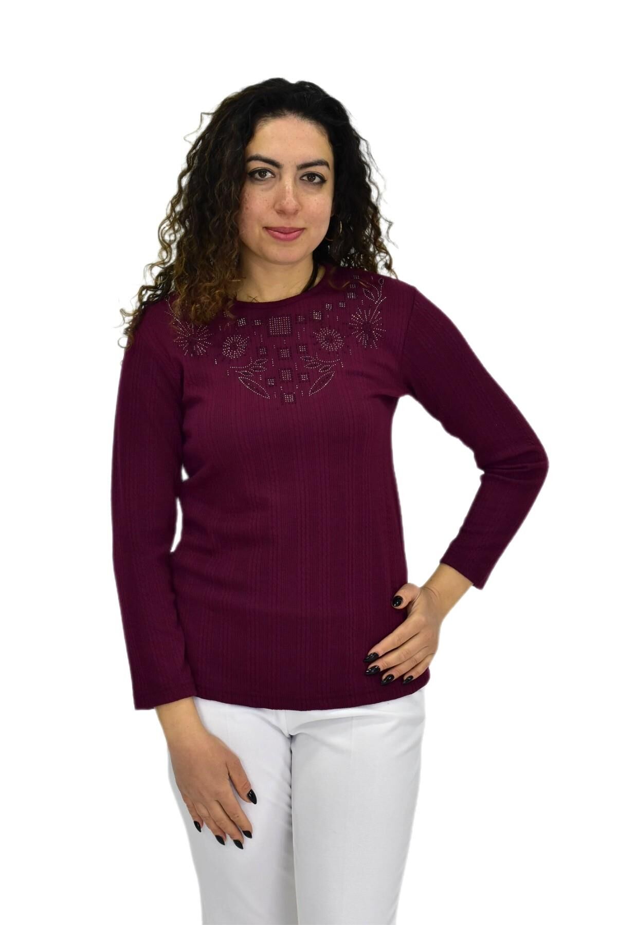 Kadın Taşlı Kaşkorse Bluz BGL-ST04136 MÜRDÜM - S/M
