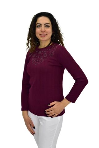 Kadın Taşlı Kaşkorse Bluz BGL-ST04136 MÜRDÜM - S/M