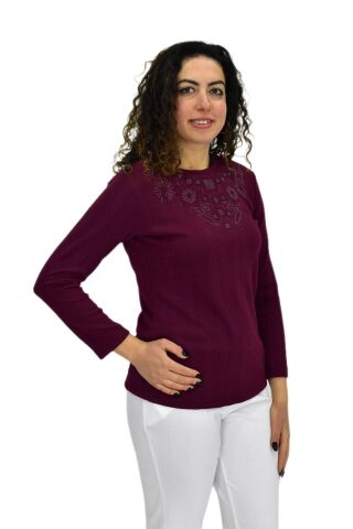 Kadın Taşlı Kaşkorse Bluz BGL-ST04136 MÜRDÜM - S/M