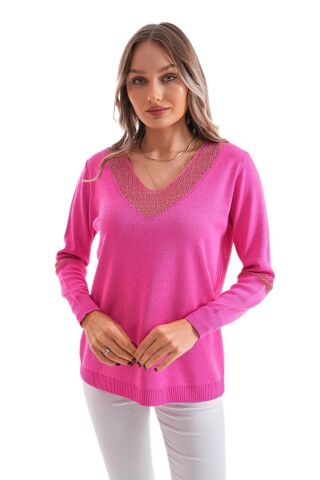 Kadın V Yaka Simli Kol Detaylı Kazak 12787 BGL-ST04108 FUŞYA - M/L