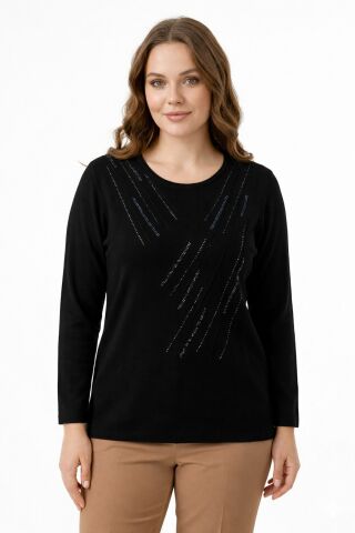 Kadın Taşlı Desen Çima Dikişli Mevsimlik Triko Bluz BGL-ST05290 SİYAH - XL