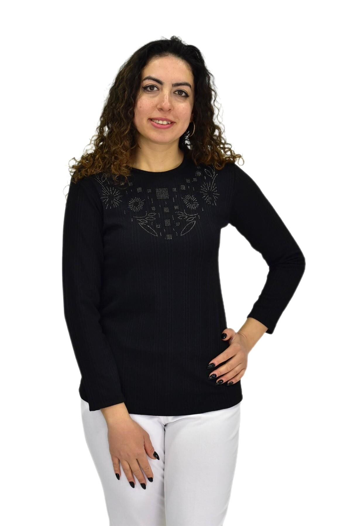 Kadın Taşlı Kaşkorse Bluz BGL-ST04136 SİYAH - S/M