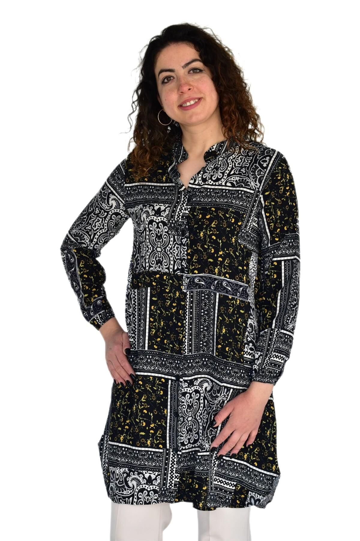 Kadın Uzun Pano Baskılı Desen Viscon Bluz BGL-ST04295 LACİVERT - S