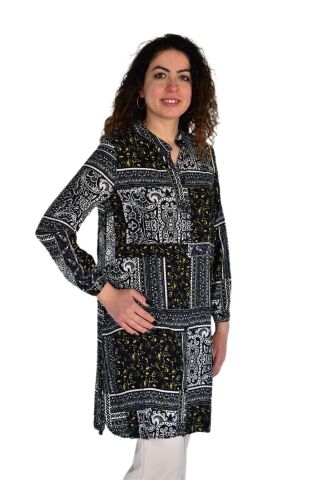 Kadın Uzun Pano Baskılı Desen Viscon Bluz BGL-ST04295 LACİVERT - S
