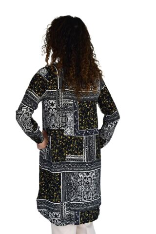 Kadın Uzun Pano Baskılı Desen Viscon Bluz BGL-ST04295 LACİVERT - S