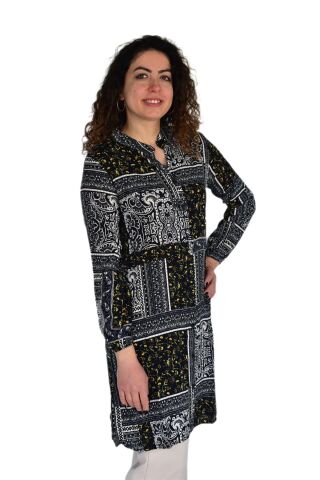Kadın Uzun Pano Baskılı Desen Viscon Bluz BGL-ST04295 LACİVERT - S