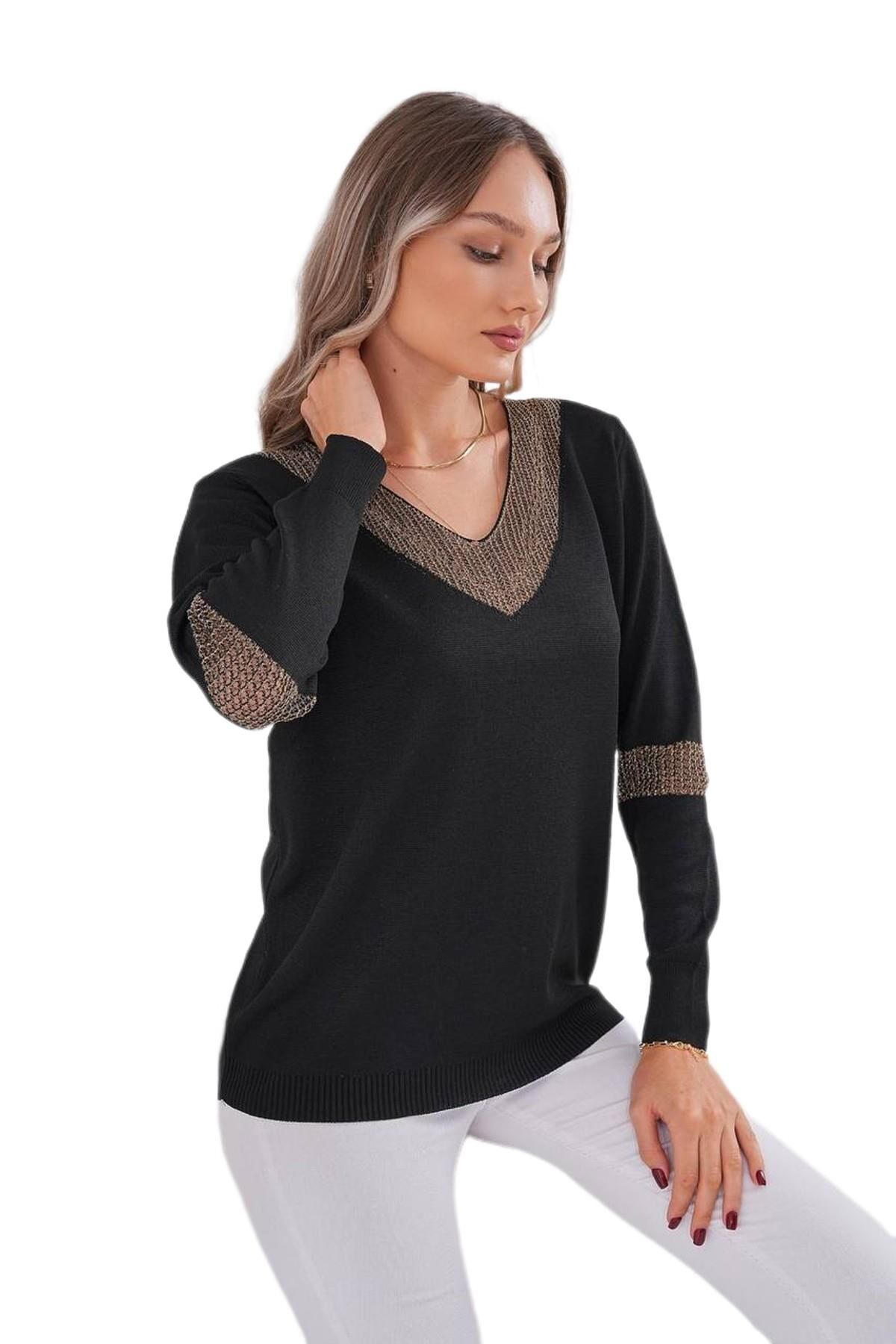 Kadın V Yaka Simli Kol Detaylı Kazak 12787 BGL-ST04108 SİYAH - M/L