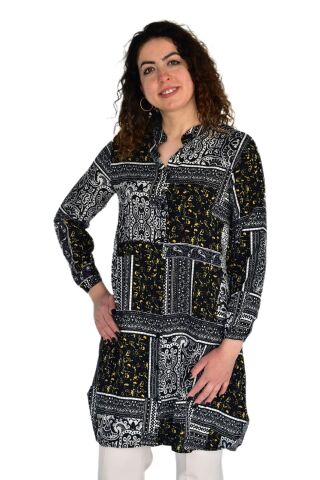 Kadın Uzun Pano Baskılı Desen Viscon Bluz BGL-ST04295 LACİVERT - M