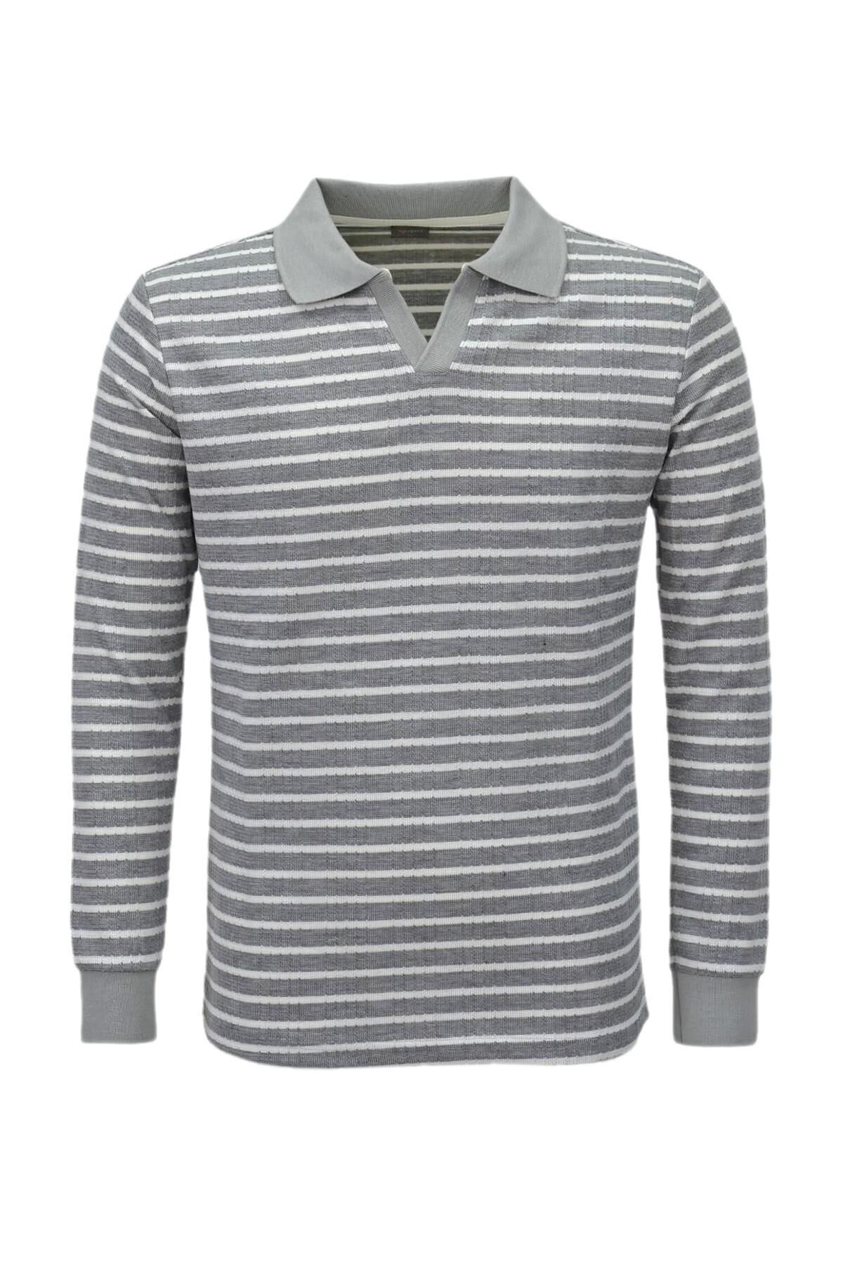 Erkek Spor Çizgili Mevsimlik Triko Polo Yaka Kazak BGL-ST03930 GRİ - L