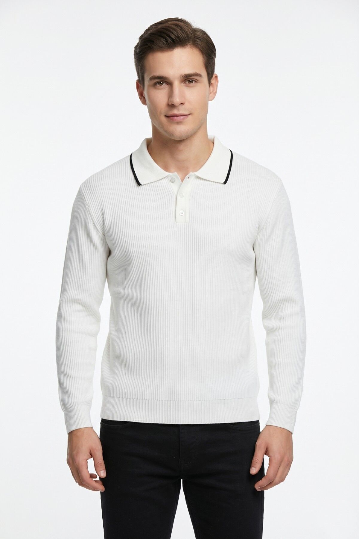 Erkek Spor Polo Yaka Mevsimlik Kazak BGL-ST05364 BEYAZ - L