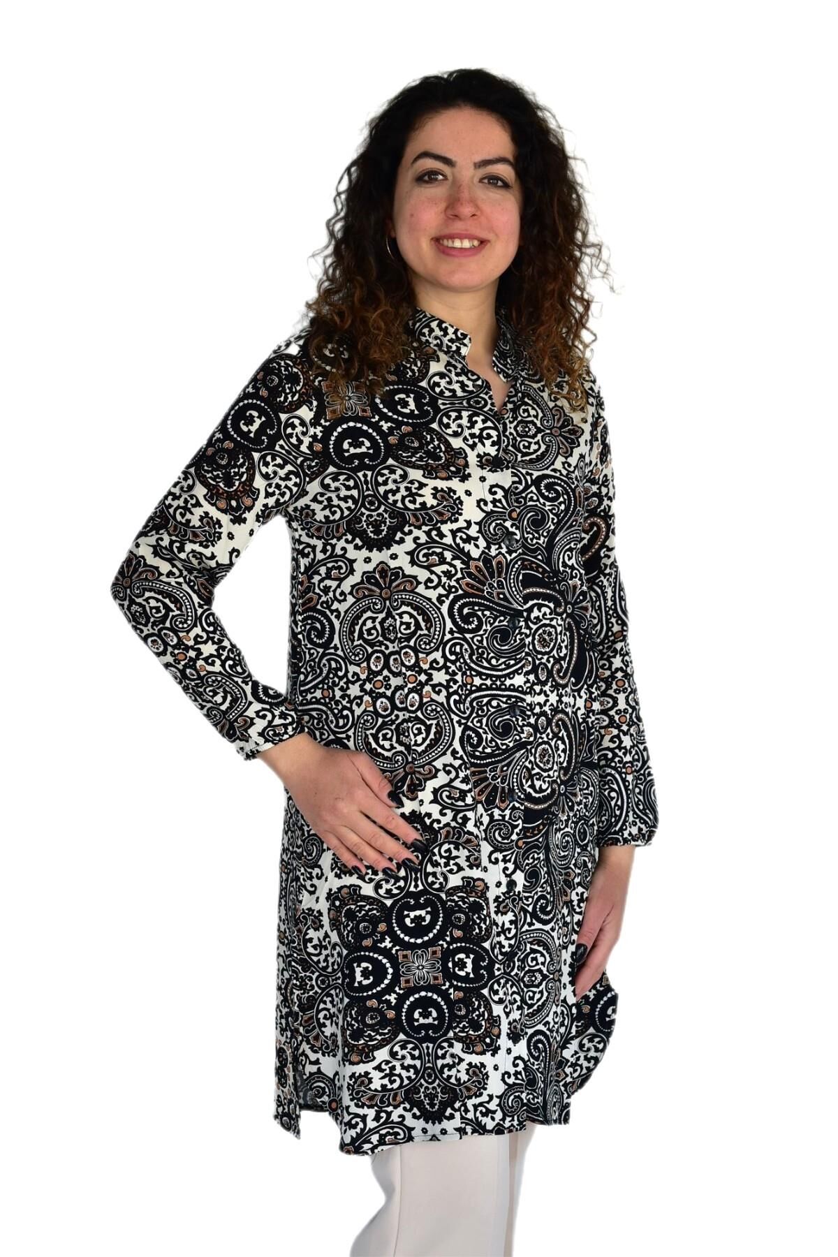 Kadın Uzun Pano Baskılı Desen Viscon Bluz BGL-ST04295 SİYAH - S