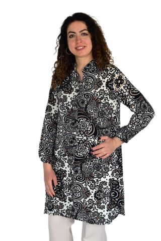 Kadın Uzun Pano Baskılı Desen Viscon Bluz BGL-ST04295 SİYAH - S