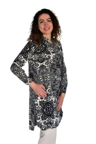 Kadın Uzun Pano Baskılı Desen Viscon Bluz BGL-ST04295 SİYAH - S
