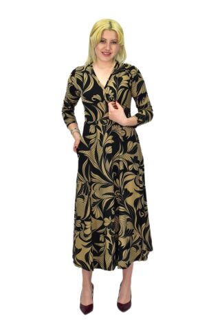 Kadın Viskon Çiçekli V Yaka Elbise BGL-ST03534 CAMEL - 42