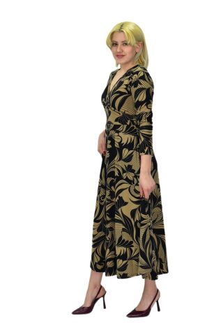 Kadın Viskon Çiçekli V Yaka Elbise BGL-ST03534 CAMEL - 42
