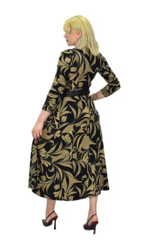 Kadın Viskon Çiçekli V Yaka Elbise BGL-ST03534 CAMEL - 42