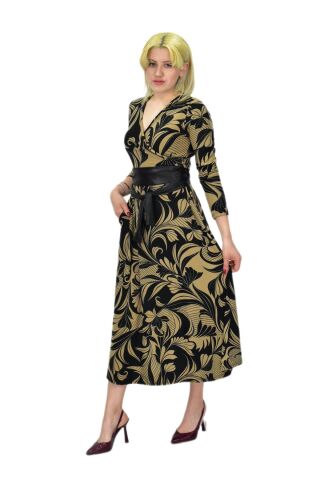 Kadın Viskon Çiçekli V Yaka Elbise BGL-ST03534 CAMEL - 42