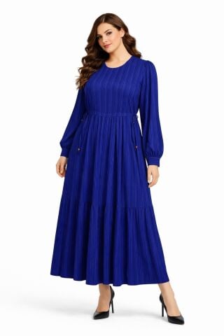 Kadın Lacivert  Kol Lastikli Pileli Bağcıklı Elbise BGL-ST04643