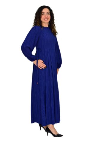 Kadın Lacivert  Kol Lastikli Pileli Bağcıklı Elbise BGL-ST04643 LACİVERT - S/M