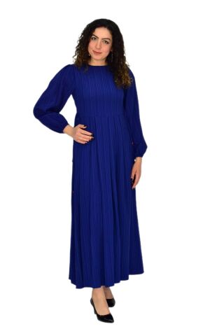 Kadın Lacivert  Kol Lastikli Pileli Bağcıklı Elbise BGL-ST04643 LACİVERT - S/M