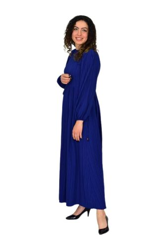 Kadın Lacivert  Kol Lastikli Pileli Bağcıklı Elbise BGL-ST04643 LACİVERT - S/M