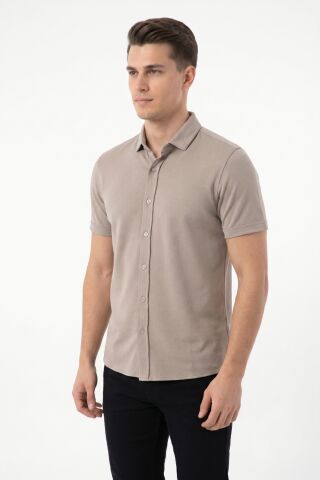 Erkek Önden Düğmeli Yakalı Gölek Tişört Regular Kalıp BGL-ST05563 BEJ - XL
